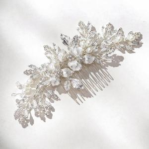 imageSWEETV Silver Bridal Hair Comb for Wedding Hair Accessories Handmade with Crystals Pearls and Leaves 472 x 275 inches for Brides Women2Silver
