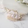 imageSWEETV 3Pcs Bridal Hair Pins White Flower Bride Hair Pieces Wedding Hair Side Combs Floral Headpieces Accessories Fall Beach Clip for Brides Bridesmaids Women GirlsWhite Gold