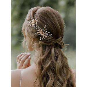 imageSWEETV 2 Pieces Bridal Wedding Hair Pins Flower Pearls Clips Crystal Headpiece Gold Accessories Leaf Bobby Pins Jewelry for Bridesmaids Party Piece Women and GirlsGold01