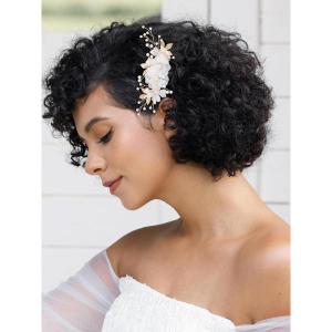 imageSWEETV 3Pcs Bridal Hair Pins White Flower Bride Hair Pieces Wedding Hair Side Combs Floral Headpieces Accessories Fall Beach Clip for Brides Bridesmaids Women GirlsWhite Gold