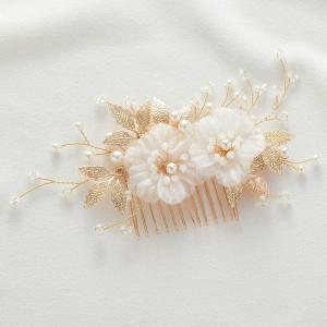 imageSWEETV 3Pcs Bridal Hair Pins White Flower Bride Hair Pieces Wedding Hair Side Combs Floral Headpieces Accessories Fall Beach Clip for Brides Bridesmaids Women GirlsGold