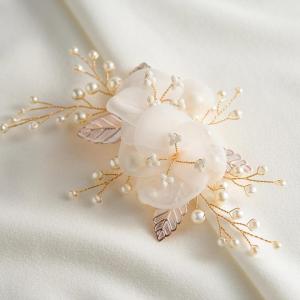 imageSWEETV 3Pcs Bridal Hair Pins White Flower Bride Hair Pieces Wedding Hair Side Combs Floral Headpieces Accessories Fall Beach Clip for Brides Bridesmaids Women GirlsRose Gold