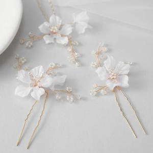 imageSWEETV 3Pcs Bridal Hair Pins White Flower Bride Hair Pieces Wedding Hair Side Combs Floral Headpieces Accessories Fall Beach Clip for Brides Bridesmaids Women GirlsPinsGold01