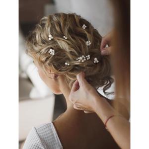 imageSWEETV 7 Pieces Bride Hair Accessories Pearl Wedding Hair Pins Leaf Bridal Hair Piece Vintage Hair Headpiece Leaf Hair Clips Jewelry for Women Bridesmaids Brides Flower GirlsSetDGold