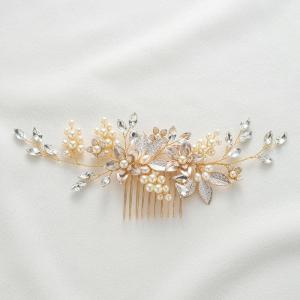 imageSWEETV Gold Wedding Hair Comb for Bride Handmade Bridal Hair Clip Wedding Hair Accessories for Brides BridesmaidGoldA