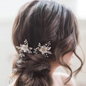 imageSWEETV Hair Pins for Brides Handmade Beaded Wedding Hair Pieces for Brides Bridesmaid Set of 2 354 x 197 inches White Ceramic Flower and Light Rose Gold Plated Leaves Hair Clip