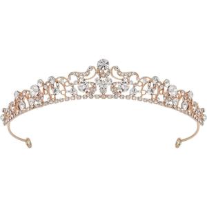 imageSWEETV Wedding Tiaras and Crowns Rhinestone Bridal Crown Princess Tiara Headpieces for Women and Flower Girls Bridgerton Hair Accessories for Birthday Prom QuinceaneraRose Gold