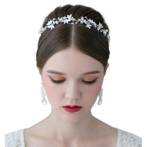 imageSWEETV Bridal Pearl Headband SilverLeaf Crystal Bridal Headpiece Wedding Hair Accessories Jewelry Tiara for Women Diameter 145 cm