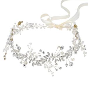 imageSWEETV Crystal Bridal Headpiece Silver Wedding Headband for Brides Pearl Hair Vine Rhinestone Hair Accessories for WomenSilver