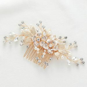 imageSWEETV Flower Bride Wedding Hair Comb Pearl Bridal Crystal Leaf Gold Headpiece Rhinestones Handmade Jewelry for Women and GirlsGold