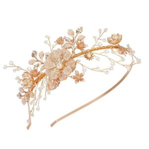 imageSWEETV FlowerLeaf Bridal Headband Gold Crystal Tiara for Women Pearl Wedding Headpieces for Bride Hair Accessories for Prom Birthday Party