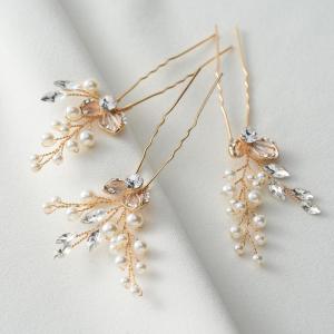imageSWEETV Hair Pins 3Pcs Bridal Hair Accessories Pearl Bride Wedding Hair Pins Leaf Bridal Head Piece Rhinestones Gold Hair Jewelry for Women and GirlsGold02