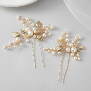 imageSWEETV Hair Pins 3Pcs Bridal Hair Accessories Pearl Bride Wedding Hair Pins Leaf Bridal Head Piece Rhinestones Gold Hair Jewelry for Women and GirlsGold01