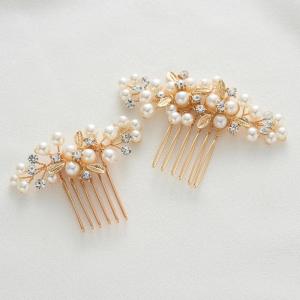 imageSWEETV Wedding Bride Pearl Hair Side Comb Rhinestone Hair Clips Pins Headpiece Vintage Hair Accessories Jewelry for Brides Bridesmaids Flower GirlsGold02