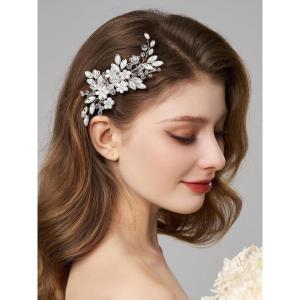 imageSWEETV Wedding Hair Comb Pearl Bride Hair Pins Flower Hair Piece Rhinestone Bridal Hair Accessories for Women and GirlsSliver04