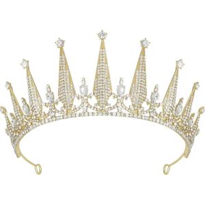 imageSWEETV Tiaras and Crowns for Women Crystal Wedding Tiara for Bride Metal Silver Crown Costume Party Accessories for Birthday Halloween Prom02Gold