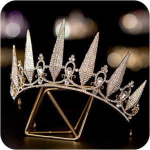 imageSWEETV Tiaras and Crowns for Women Crystal Wedding Tiara for Bride Metal Silver Crown Costume Party Accessories for Birthday Halloween PromGold