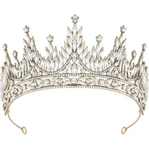 imageSWEETV Tiaras and Crowns for Women Wedding Tiara for Bride Rhinestone Queen Crown Crystal Costume Hair Accessories for Birthday Prom Quinceanera CelebrationOld Gold