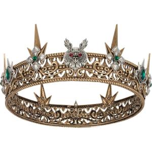 imageSWEETV Animal Totem King Crown for Men and WomenMetal Tiara Costume Hair Accessories for Knight Witch Gothic HalloweenOwl Antique Goldgreen