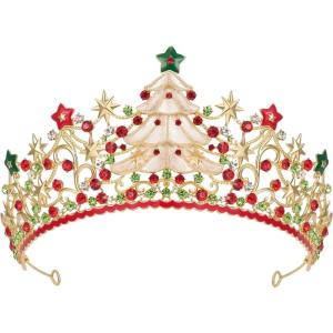 imageSWEETV Christmas Jeweled Crown Merry Tree Tiara Rhinestone Headband Costume Accessories for Merry Christmas Party for Women Girls Xmas Box SetMerry TreeMerry Tree Crown Red