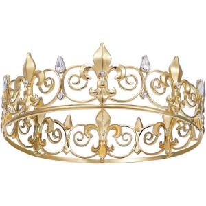 imageSWEETV Royal Full Round King Crown Crystal Tiara for Men Party Hats Costume AccessoriesGold