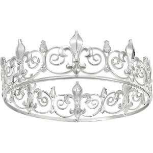 imageSWEETV Royal Full Round King Crown Crystal Tiara for Men Party Hats Costume AccessoriesPure Silver