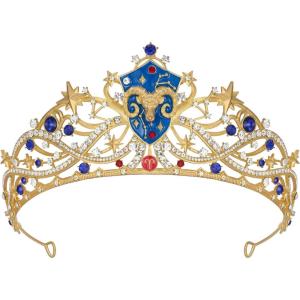 imageSWEETV Zodiac Crown Tiara for Women Crystal Queen Crown Wedding Headpiece for Bride Rhinestone Princess Gold Tiara for Birthday Quinceanera Pageant PromAries
