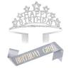 imageSWEETV Birthday Girl Sash Rhinestone Silver Toddler Princess Headband for Birthday Party Photograph