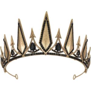 imageSWEETV Gothic Crowns for Women Black Tiara Queen Crown Witch Hair Accessories for Costume Halloween Prom Party Gold