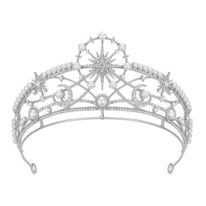 imageSWEETV Hannah Wedding TiaraCrowns for Women Zircon Queen Crown Wedding Tiaras for Bride Princess Tiara Headpieces Headband for Birthday Quinceanera Pageant PromChloe Stars