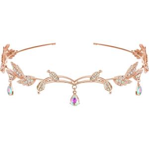 imageSWEETV Rhinestone Leaf Wedding Crown Headband for Brides Crystal Pendent Fairy Tiara Headband for Wedding Prom BirthdayMulticolored