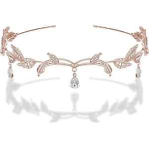 imageSWEETV Rhinestone Leaf Wedding Crown Headband for Brides Crystal Pendent Fairy Tiara Headband for Wedding Prom BirthdayRose Gold