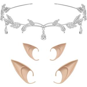 imageSWEETV Rhinestone Leaf Wedding Crown Headband for Brides Crystal Pendent Fairy Tiara Headband for Wedding Prom BirthdaySilverPixie Elf Ears