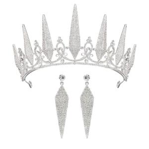 imageSWEETV Tiaras and Crowns for Women 2Pack Wedding Tiara Earrings Crystal Queen Crown Jewelry Set Costume Jewelry Set for Birthday Party Halloween Prom Pageant for Ages 15SilverSilver