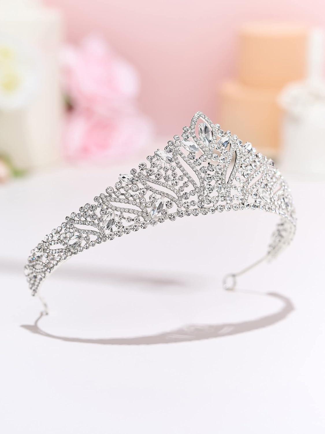imageSWEETV Anastasia Tiaras and Crowns for Women Wedding Tiara for Bride Rhinestone Queen Crown Silver Crystal Princess Headpieces for Prom Costume PartySilver