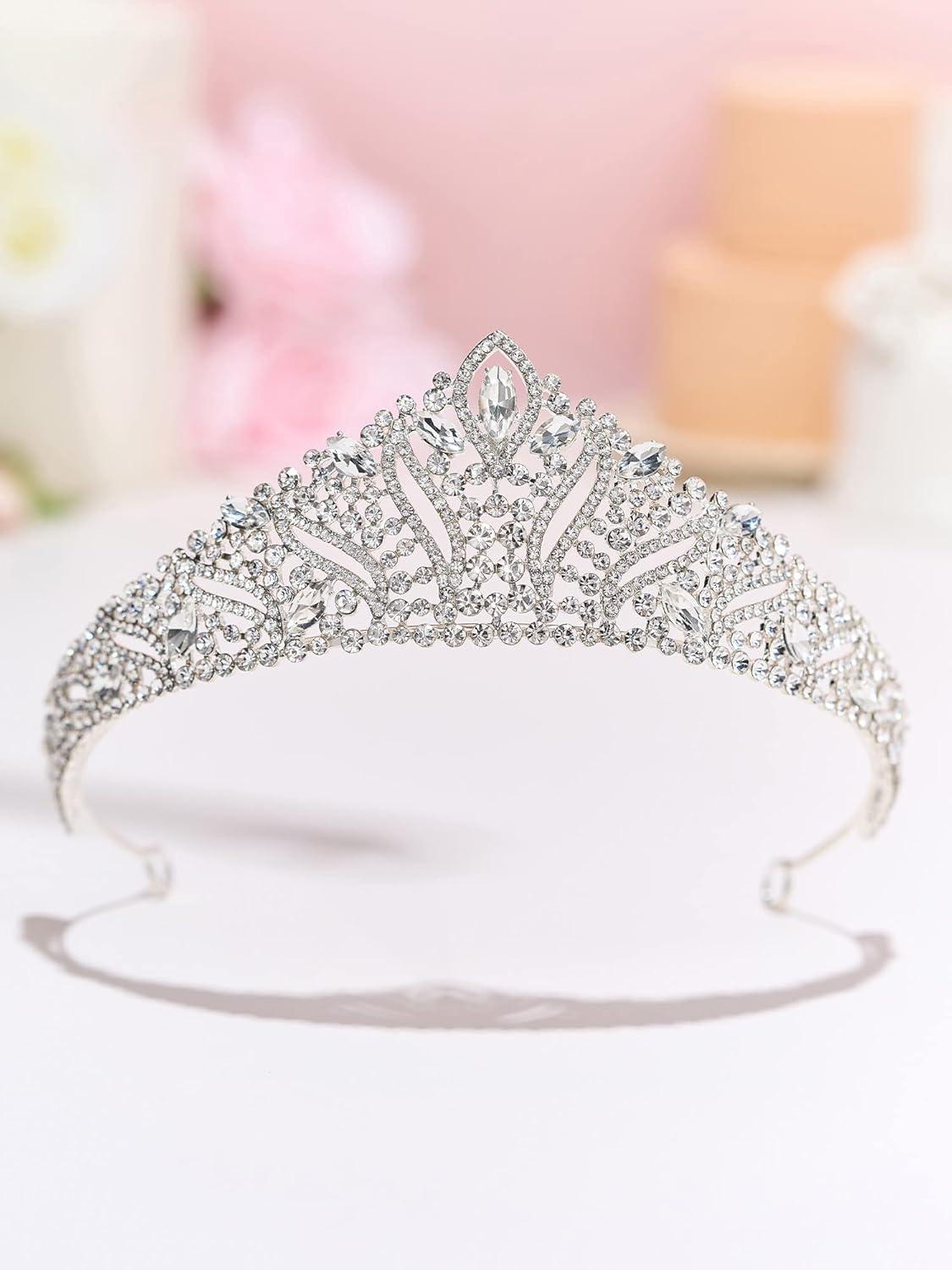 imageSWEETV Anastasia Tiaras and Crowns for Women Wedding Tiara for Bride Rhinestone Queen Crown Silver Crystal Princess Headpieces for Prom Costume PartySilver