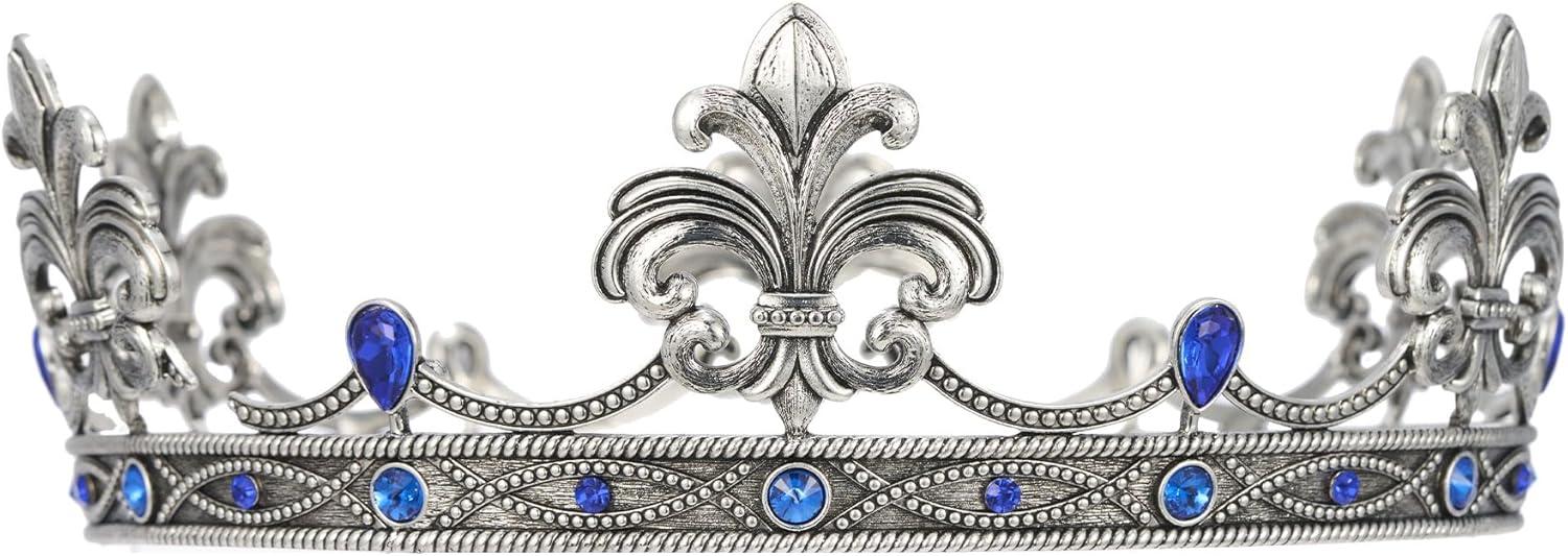 imageSWEETV Fleurdelis King Crown for Men Royal Prince Tiara Headwear for Medieval RoyalcoreKnightVikingHalloween CostumeAntique Silver Blue