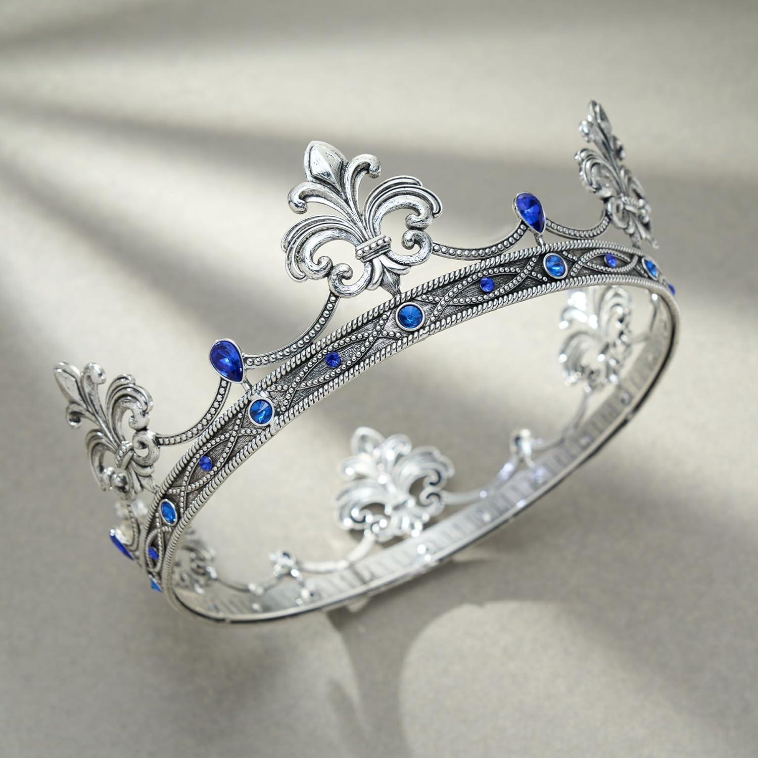 imageSWEETV Fleurdelis King Crown for Men Royal Prince Tiara Headwear for Medieval RoyalcoreKnightVikingHalloween CostumeAntique Silver Blue