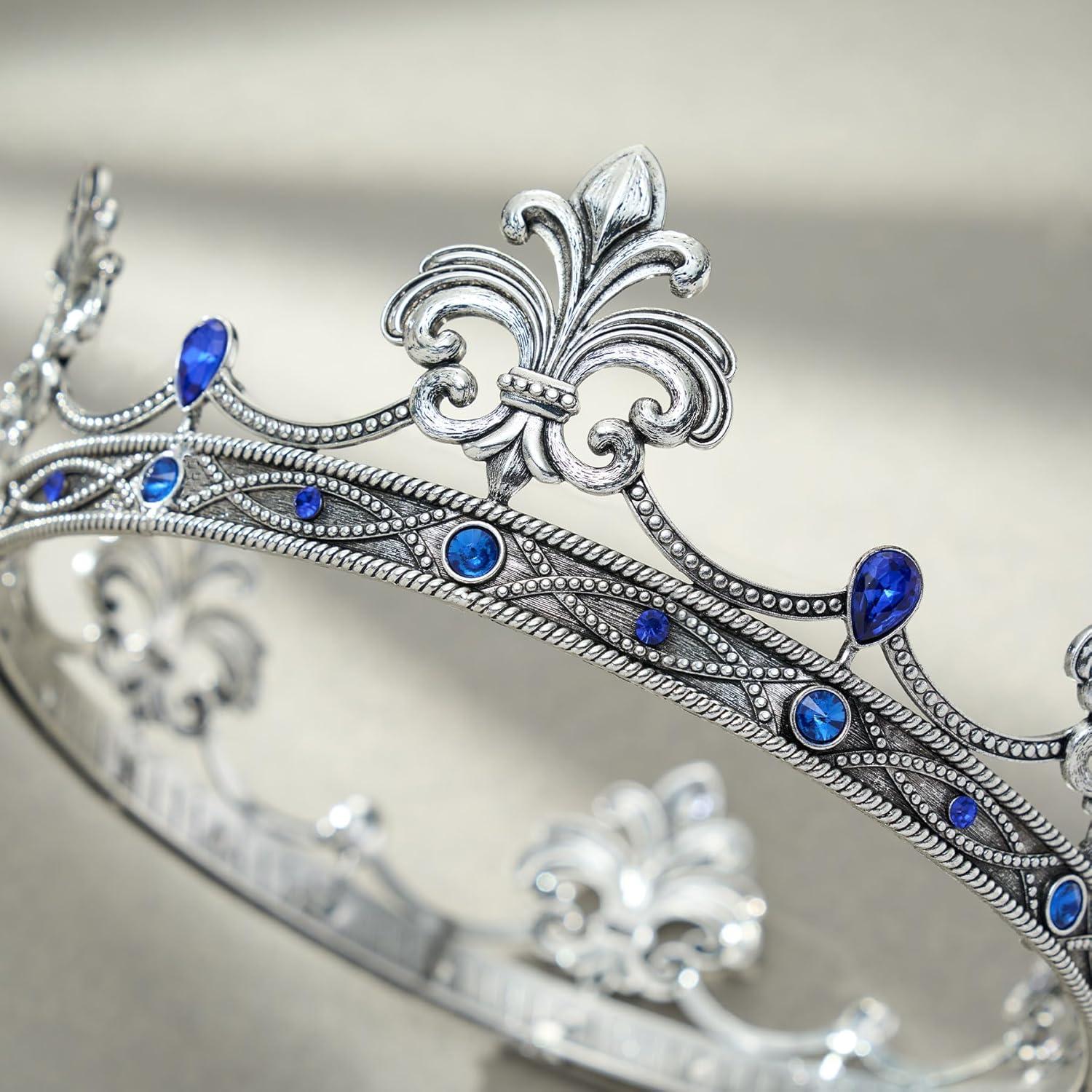 imageSWEETV Fleurdelis King Crown for Men Royal Prince Tiara Headwear for Medieval RoyalcoreKnightVikingHalloween CostumeAntique Silver Blue