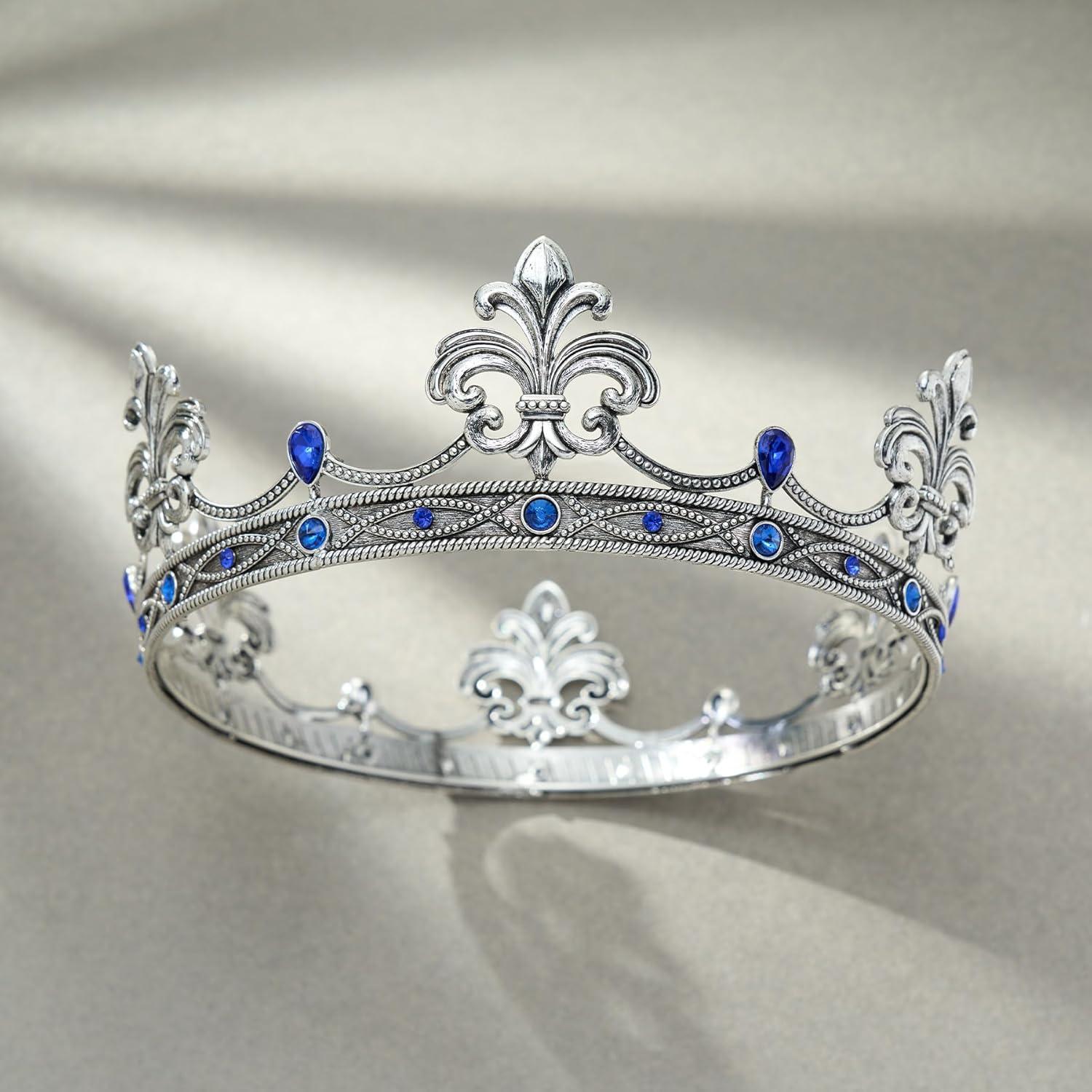 imageSWEETV Fleurdelis King Crown for Men Royal Prince Tiara Headwear for Medieval RoyalcoreKnightVikingHalloween CostumeAntique Silver Blue