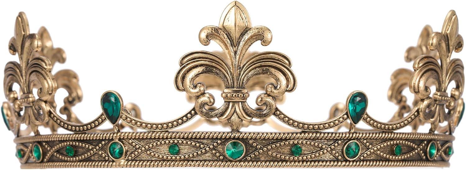 imageSWEETV Fleurdelis King Crown for Men Royal Prince Tiara Headwear for Medieval RoyalcoreKnightVikingHalloween CostumeStyle1 Goldgreen