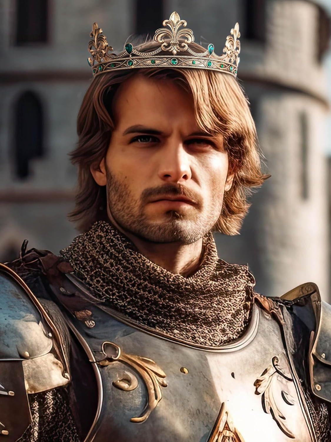 imageSWEETV Fleurdelis King Crown for Men Royal Prince Tiara Headwear for Medieval RoyalcoreKnightVikingHalloween CostumeStyle1 Goldgreen