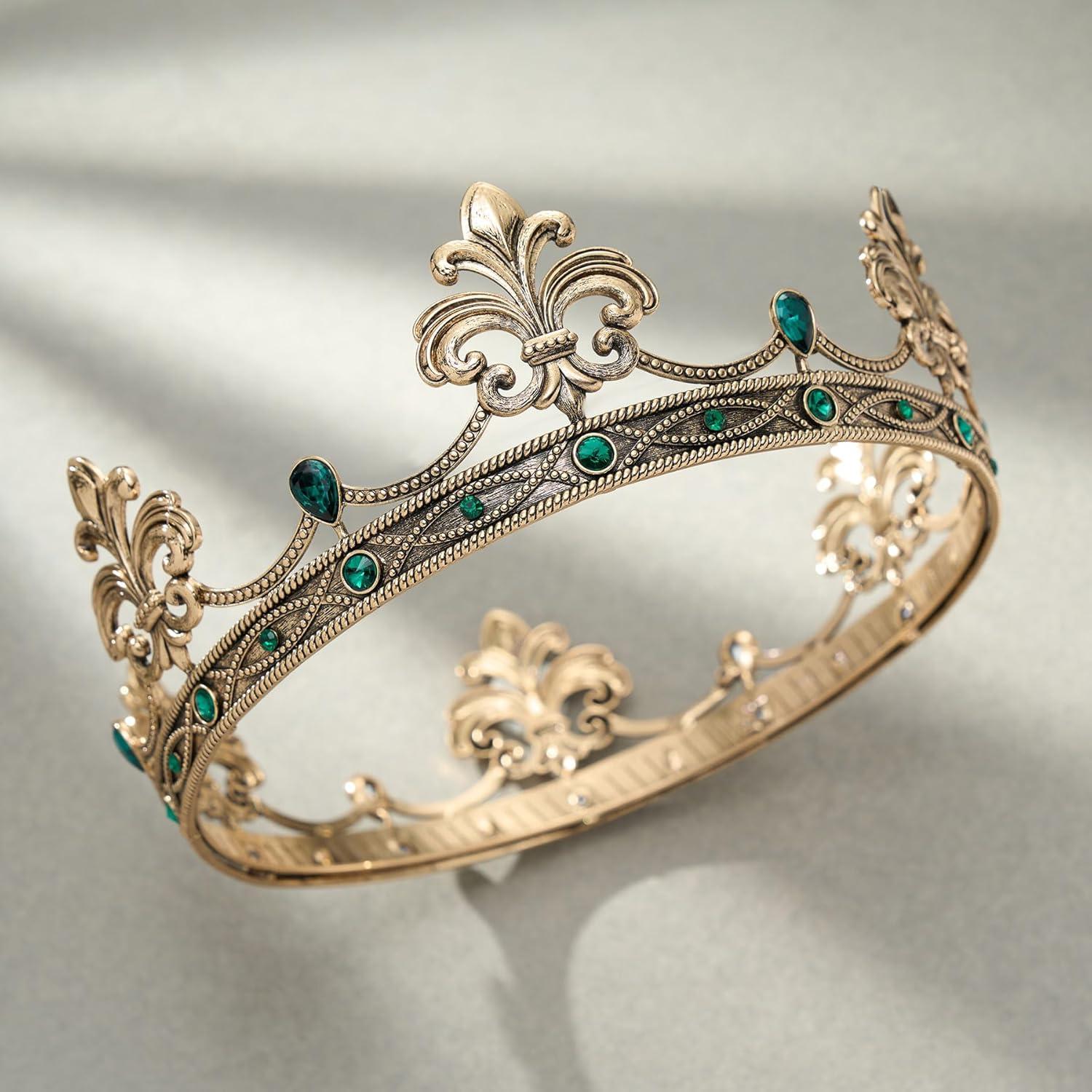 imageSWEETV Fleurdelis King Crown for Men Royal Prince Tiara Headwear for Medieval RoyalcoreKnightVikingHalloween CostumeStyle1 Goldgreen