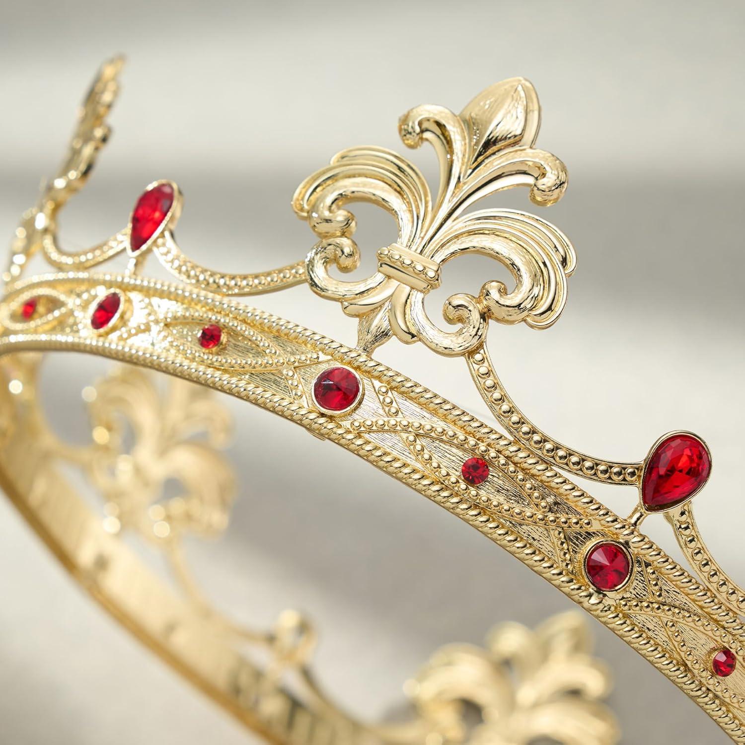 imageSWEETV Fleurdelis King Crown for Men Royal Prince Tiara Headwear for Medieval RoyalcoreKnightVikingHalloween CostumeStyle1 Goldred