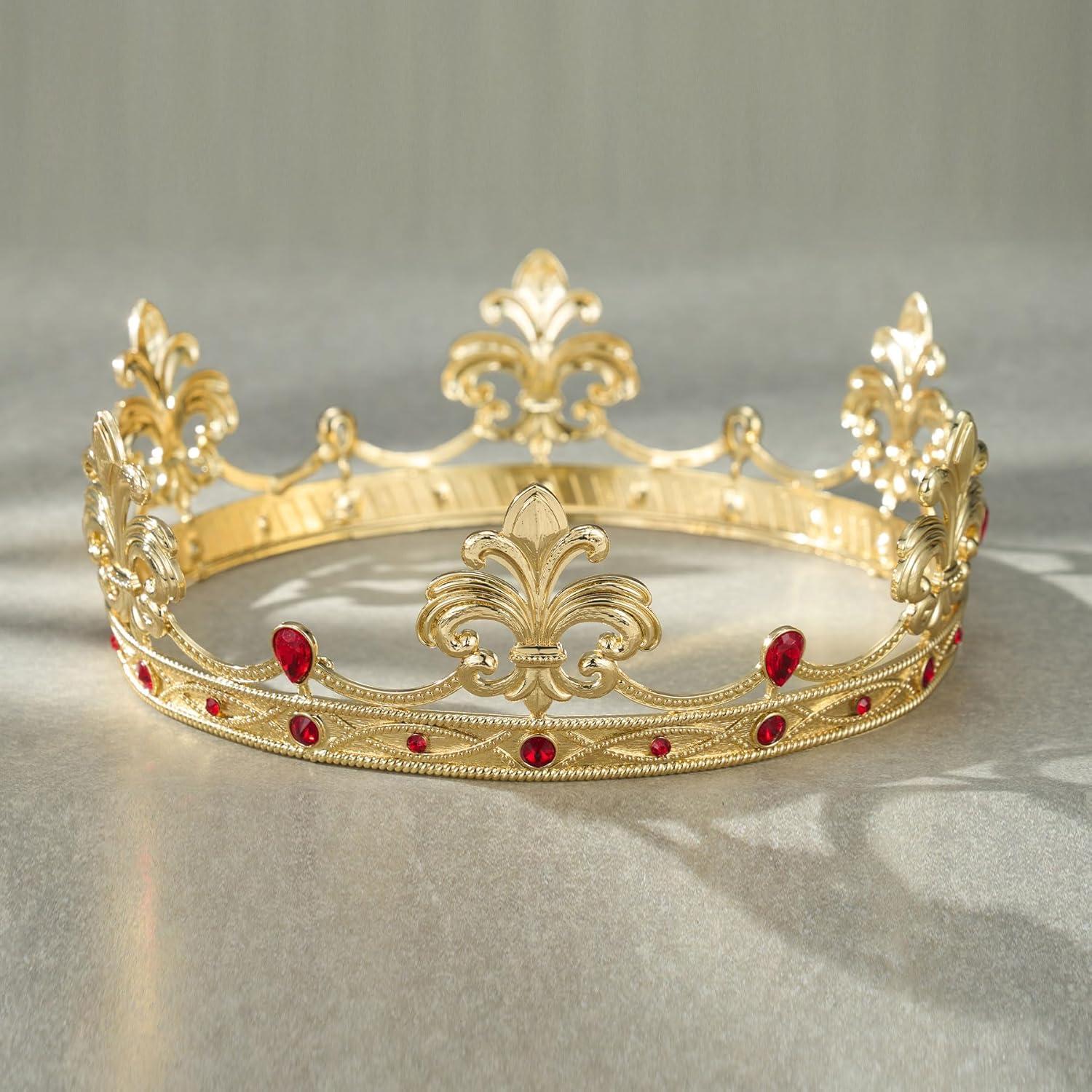imageSWEETV Fleurdelis King Crown for Men Royal Prince Tiara Headwear for Medieval RoyalcoreKnightVikingHalloween CostumeStyle1 Goldred