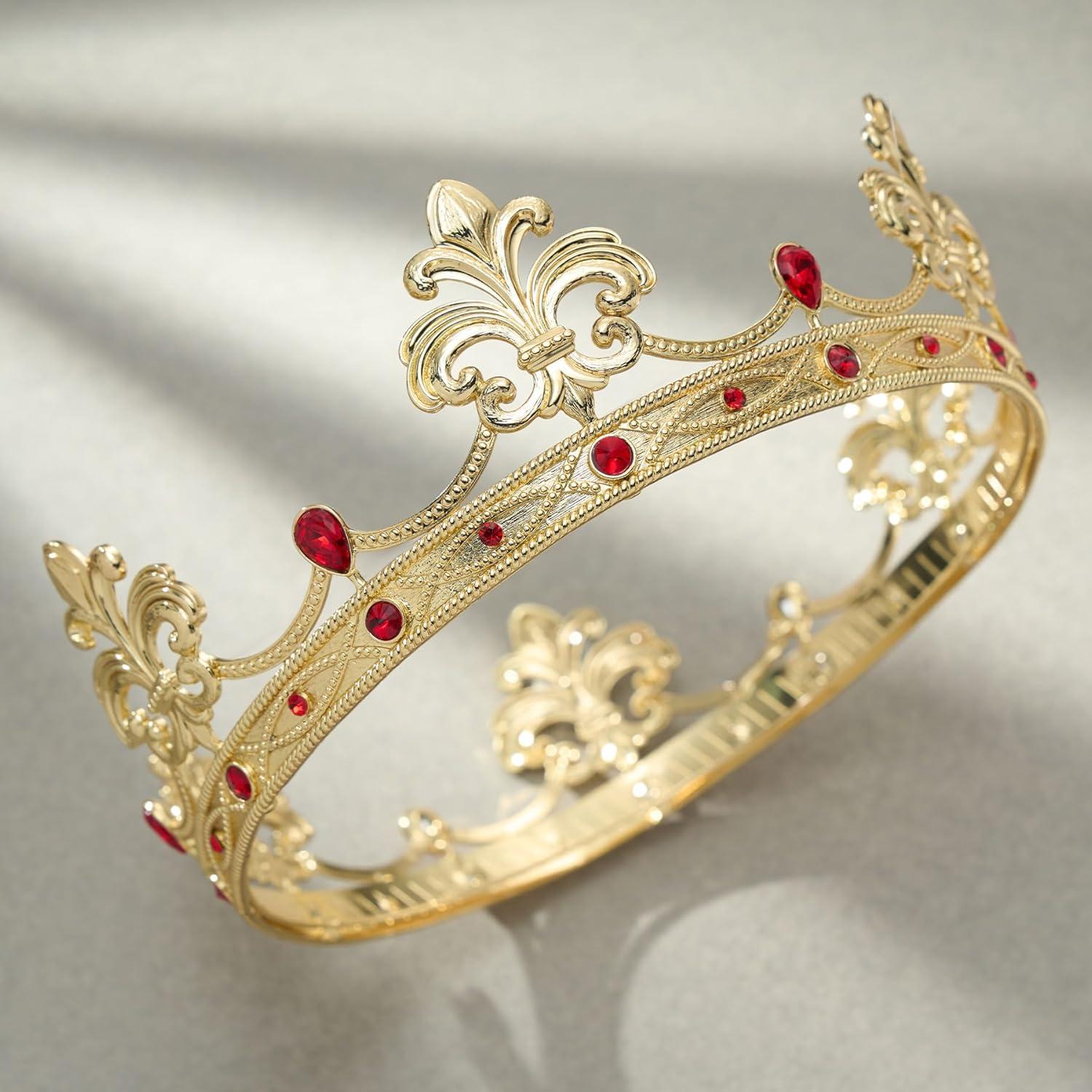 imageSWEETV Fleurdelis King Crown for Men Royal Prince Tiara Headwear for Medieval RoyalcoreKnightVikingHalloween CostumeStyle1 Goldred