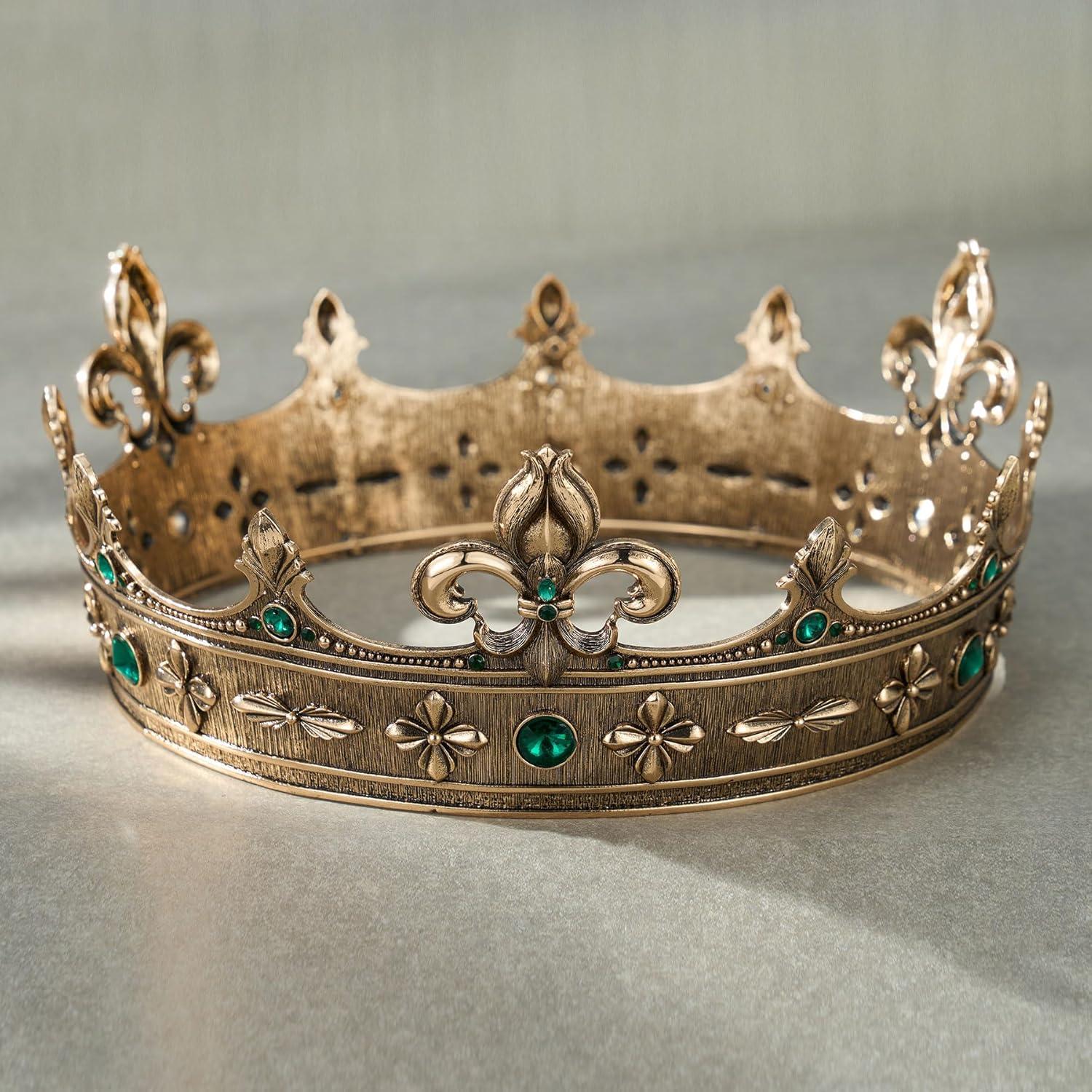 imageSWEETV Fleurdelis King Crown for Men Royal Prince Tiara Headwear for Medieval RoyalcoreKnightVikingHalloween CostumeStyle2 Goldgreen