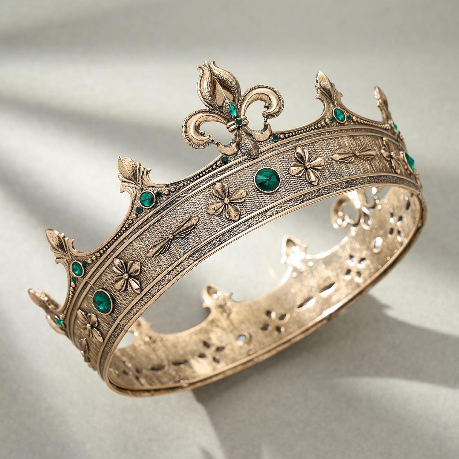 imageSWEETV Fleurdelis King Crown for Men Royal Prince Tiara Headwear for Medieval RoyalcoreKnightVikingHalloween CostumeStyle2 Goldgreen