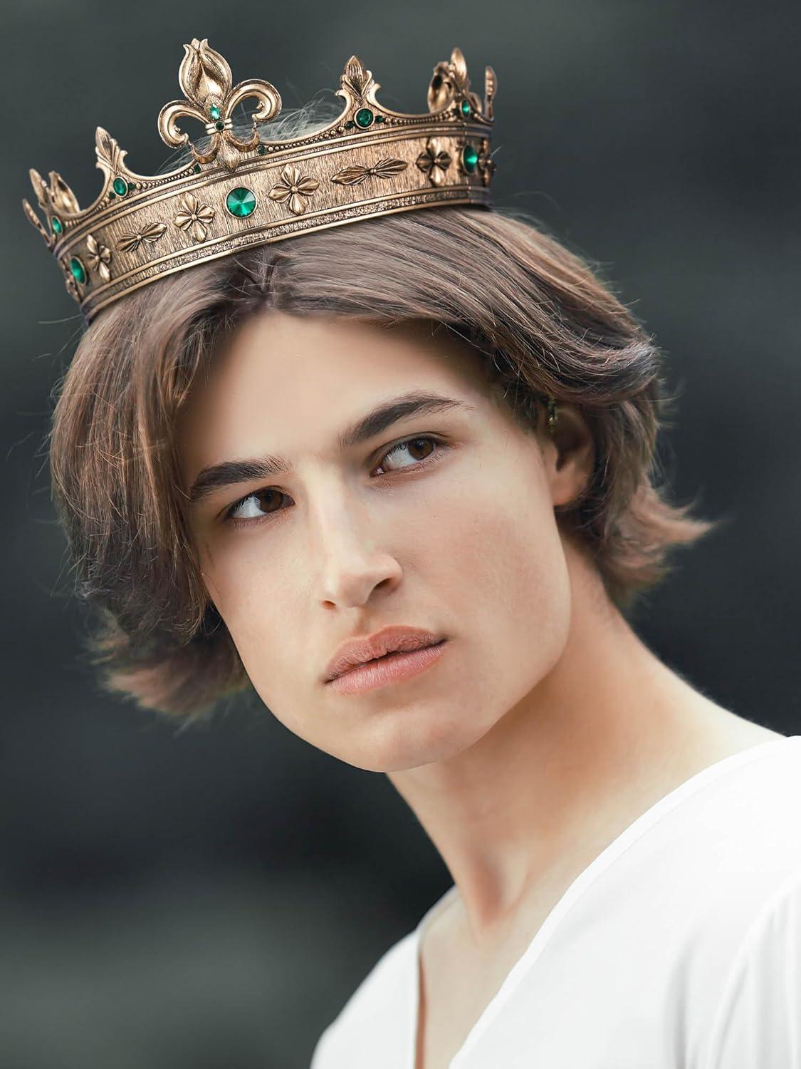 imageSWEETV Fleurdelis King Crown for Men Royal Prince Tiara Headwear for Medieval RoyalcoreKnightVikingHalloween CostumeStyle2 Goldgreen
