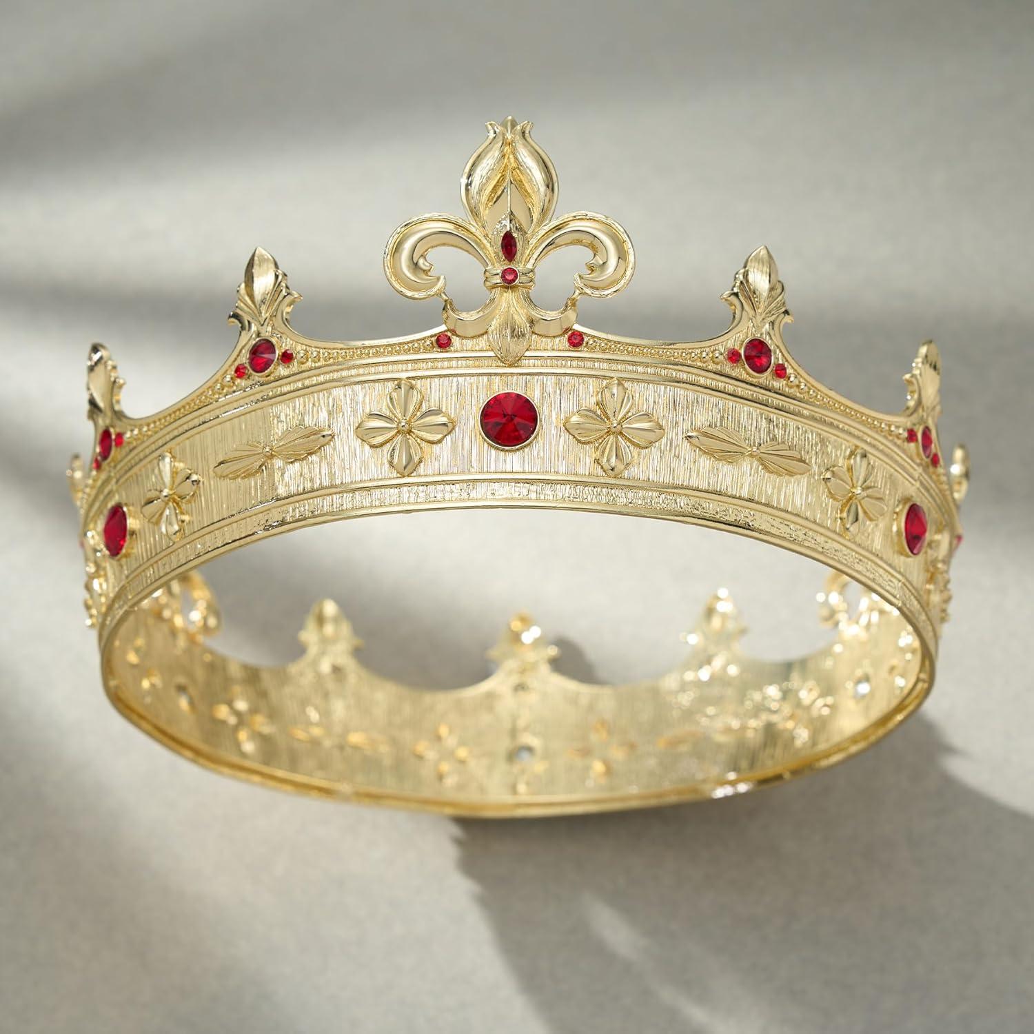 imageSWEETV Fleurdelis King Crown for Men Royal Prince Tiara Headwear for Medieval RoyalcoreKnightVikingHalloween CostumeStyle2 Goldred